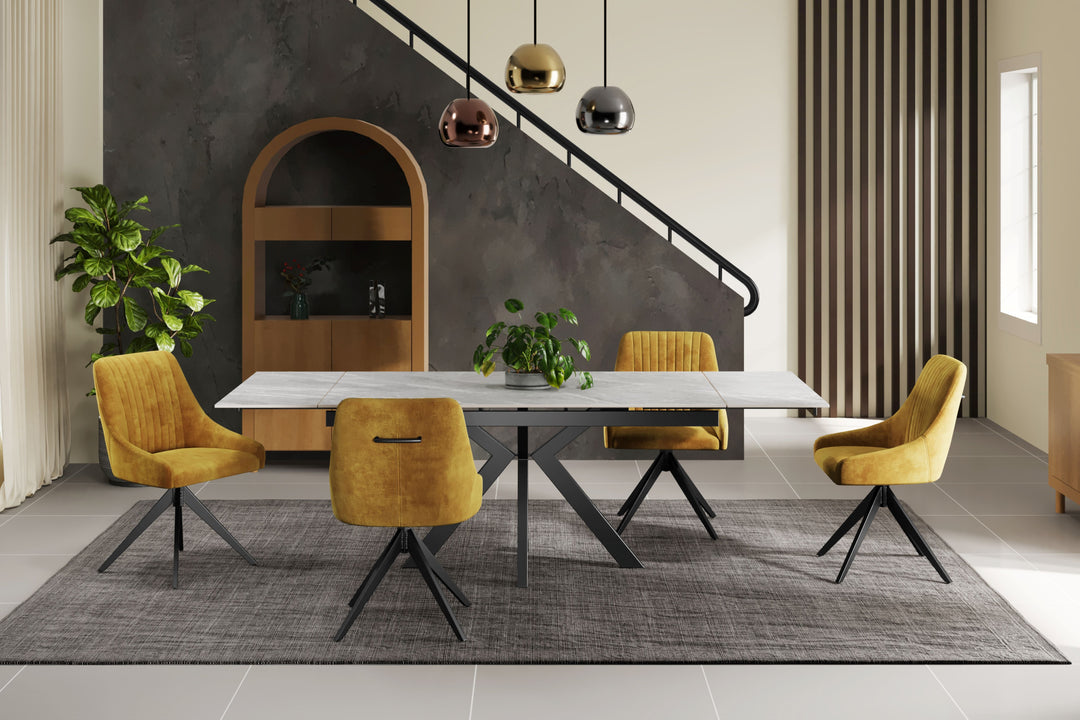 Nova 160-240cm White Ceramic Marble Side Extending Dining Table With Swivel Velvet Dining Chairs