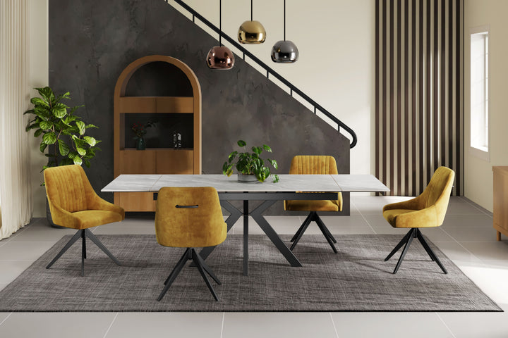Nova 160-240cm White Ceramic Marble Side Extending Dining Table With Swivel Velvet Dining Chairs