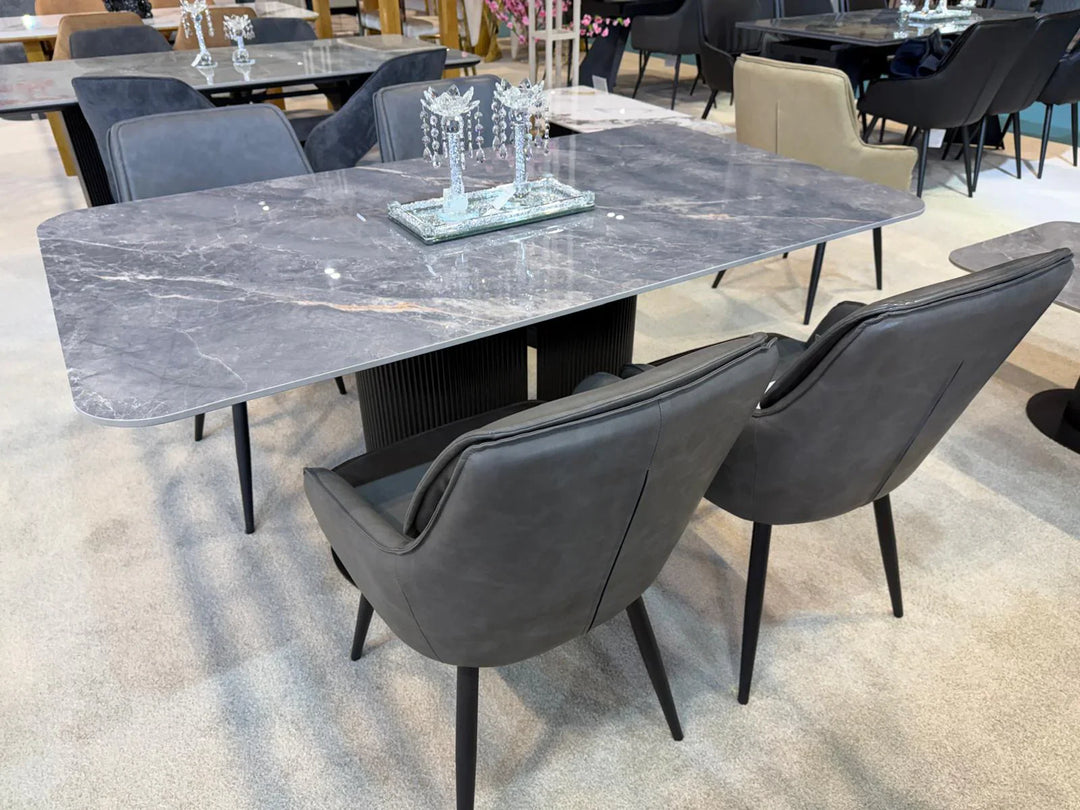 Sydney 160cm Grey Ceramic Marble Dining Table With Sydney Grey Velvet 360 Swivel Dining Chairs