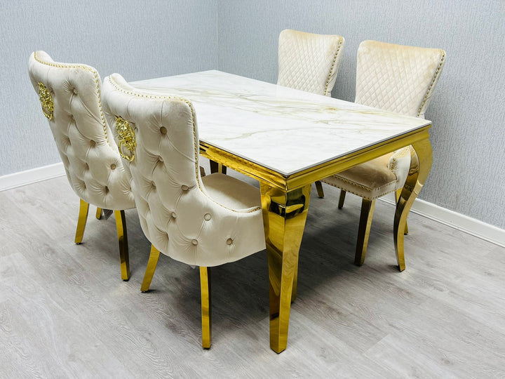 Louis Gold Pandora Gold Ceramic Marble Dining Table With Shimmer Gold Lion Knocker Dining Chairs