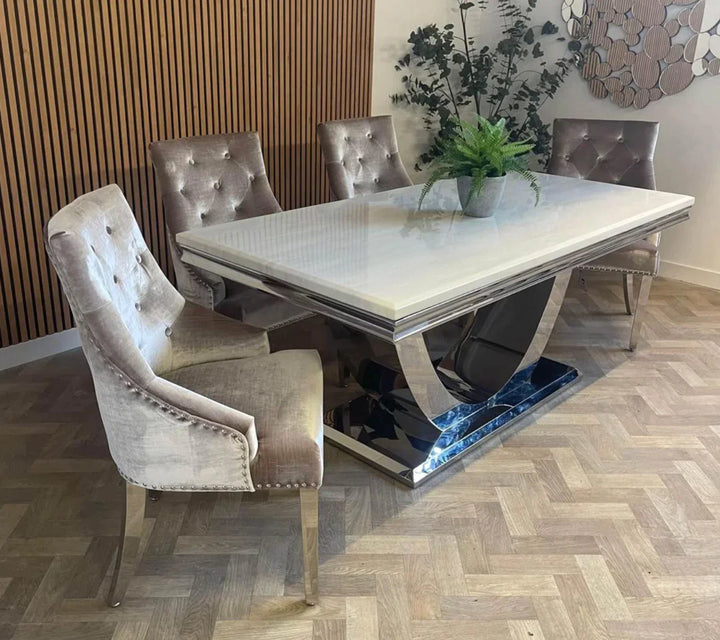 Arial 200cm White Marble Dining Table + Champagne Knocker Plush Velvet Chairs