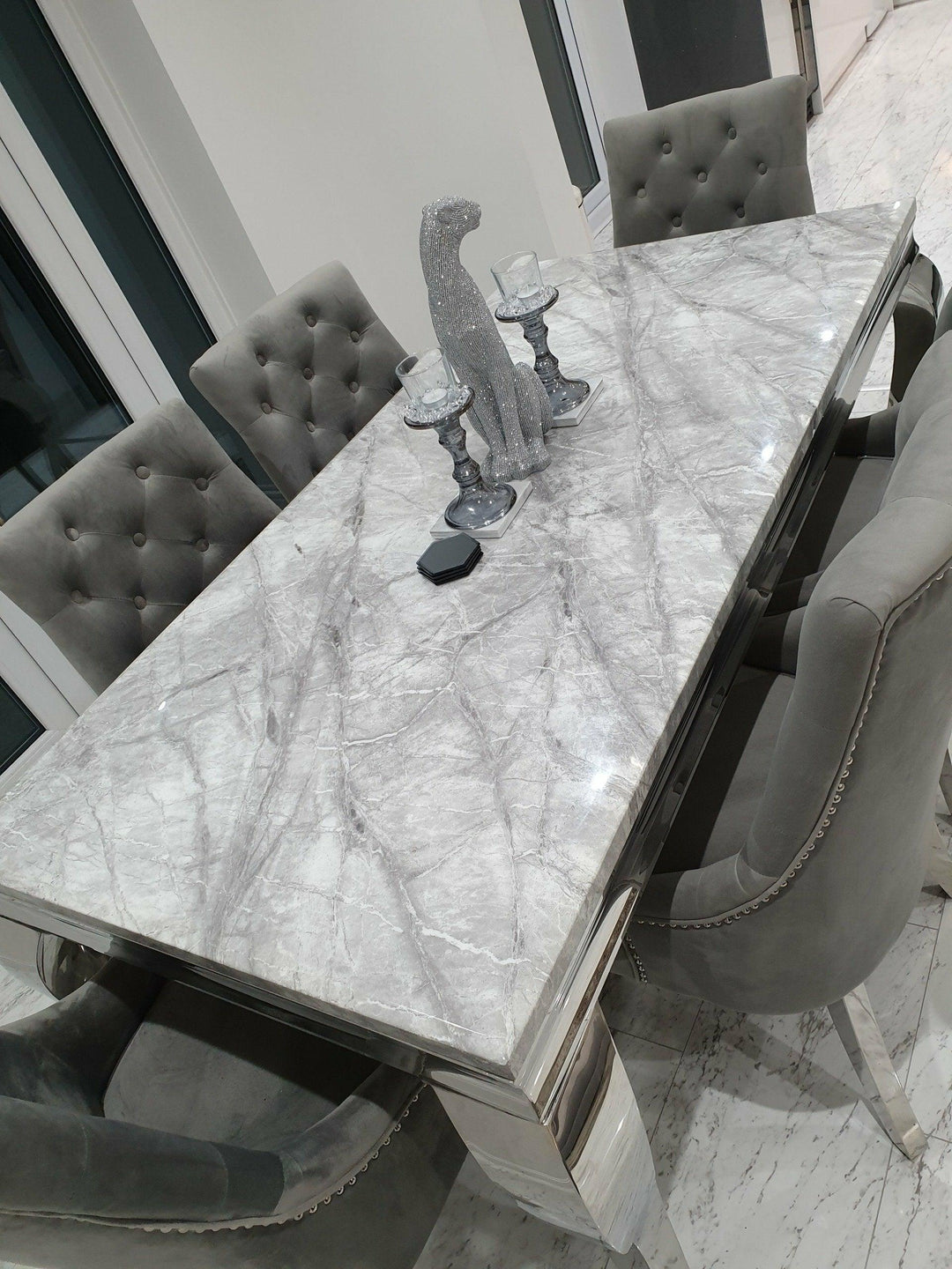 Louis Grey Marble 150CM Dining Table + Grey Lion Chairs, Bench Option-Esme Furnishings
