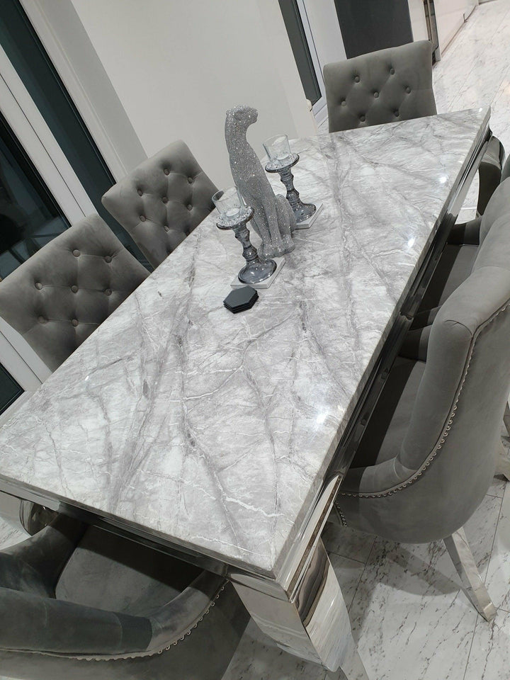 Louis Grey Marble 150CM Dining Table + Grey Lion Chairs, Bench Option-Esme Furnishings