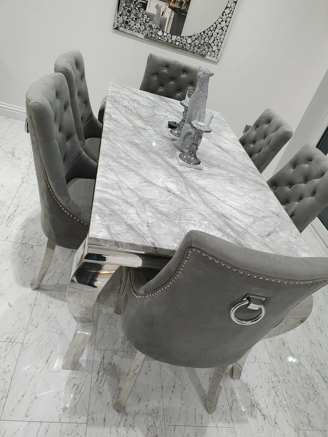 Louis Marble & Chrome Dining Table With Chrome Ring Knocker Velvet Chairs