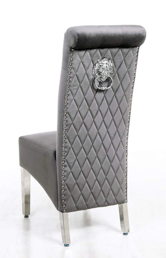 Sophia Grey French Velvet Lion Knocker Quilted Dining Chair With Chrome Legs-Esme Furnishings