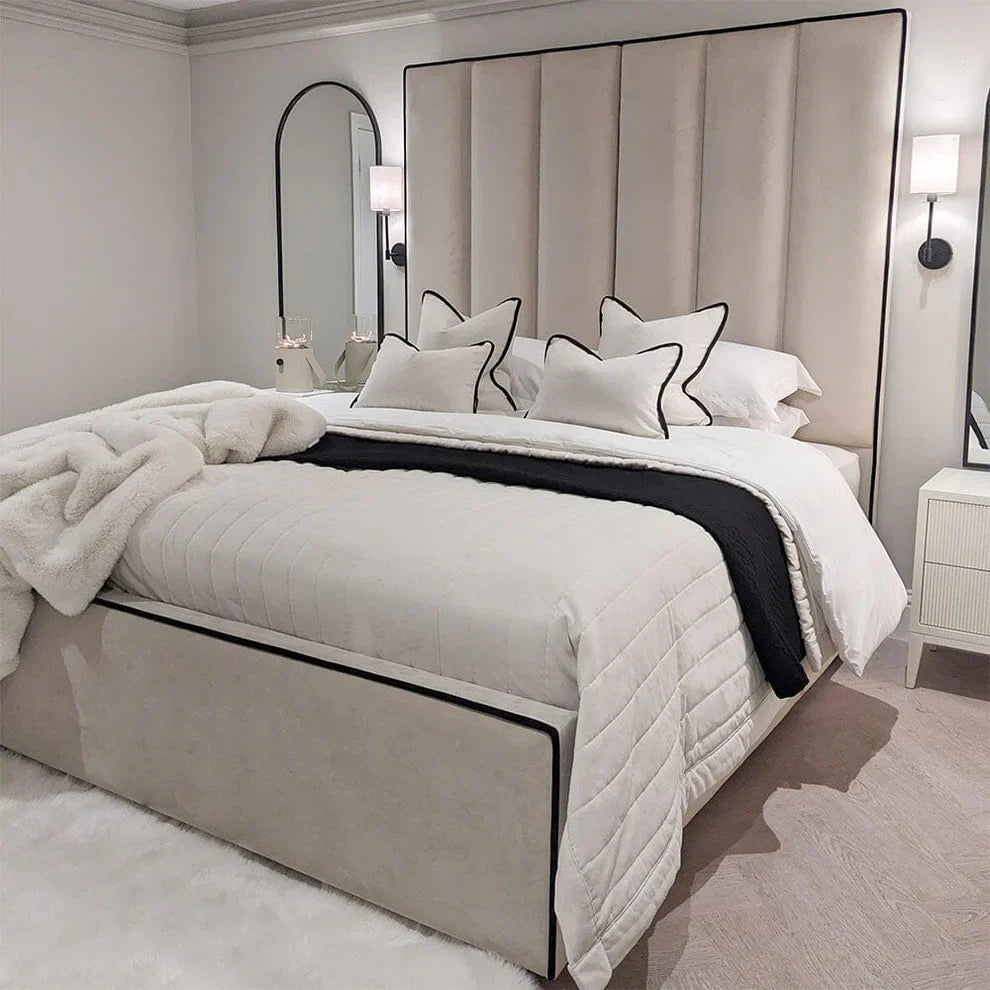 The Wenger Panel Upholstered Plush Velvet Black Piping Bed Frame