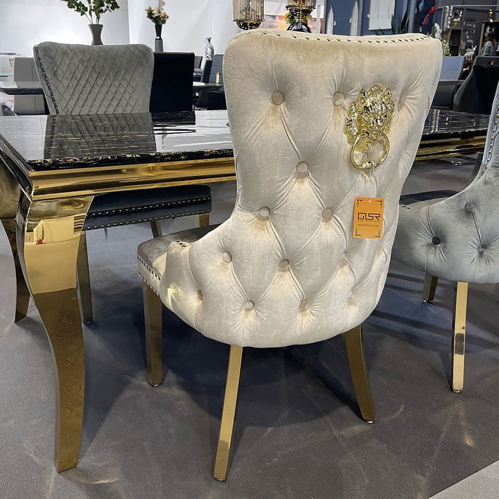 Louis Pandora Gold Marble Dining Table With Victoria Shimmer Velvet Lion Knocker Velvet Chairs