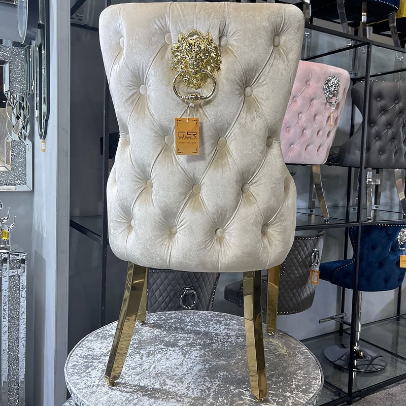 Louis Pandora Gold Marble Dining Table With Victoria Shimmer Velvet Lion Knocker Velvet Chairs