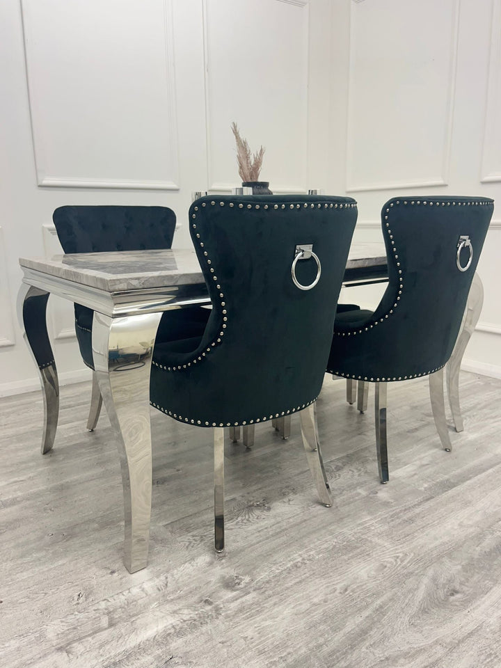 Louis Marble & Chrome Dining Table With Megan Chrome Ring Knocker Velvet Chairs