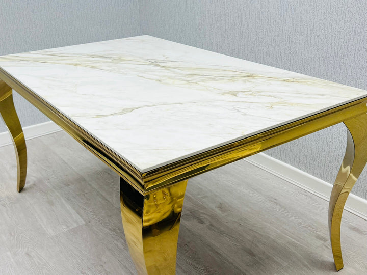 Louis Gold 150cm Ceramic Marble Cream Gold Dining Table With Shimmer Gold Lion Knocker Dining Chairs