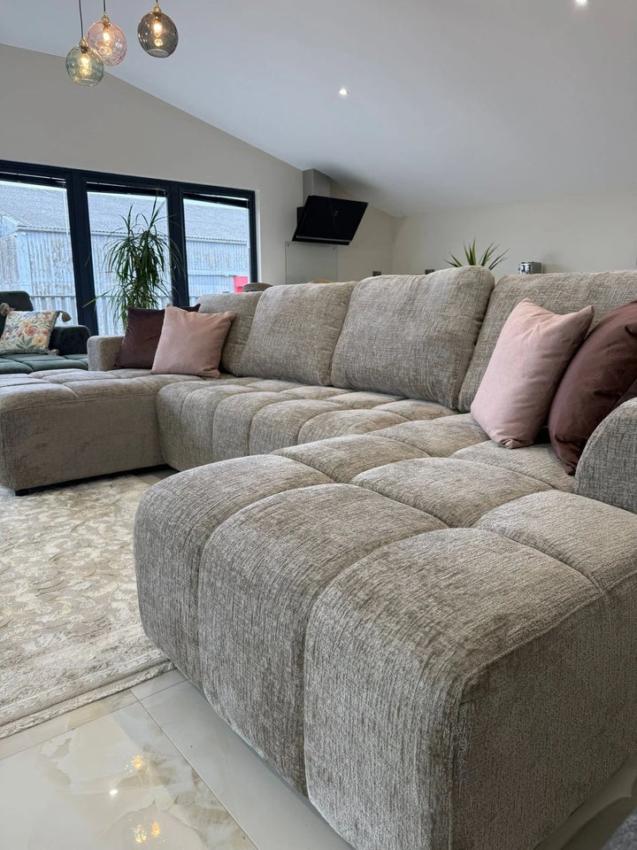 Sena Large Beige Plush Velvet Luxury U Shape Sofabed Sofa