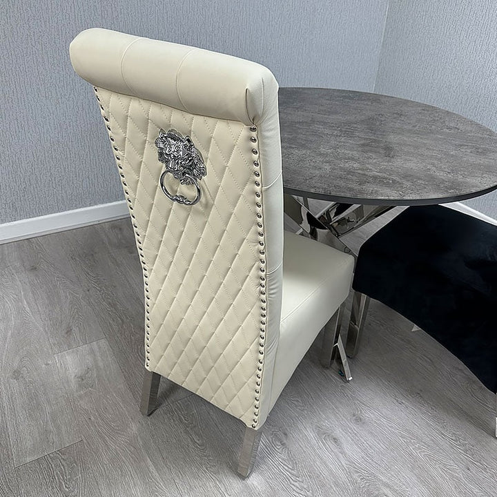 Lucy PU Lion Knocker Quilted Emma Slim Cream White Leather Dining Chair Chrome Legs