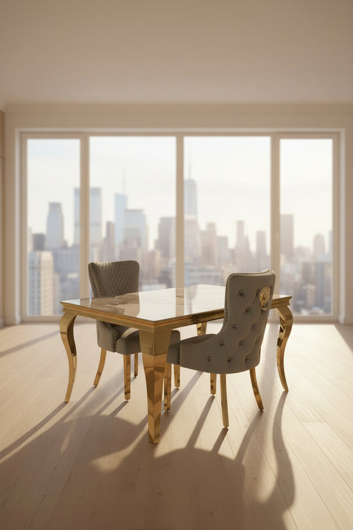 Louis Pandora Gold Marble Dining Table With Victoria Shimmer Velvet Lion Knocker Velvet Chairs