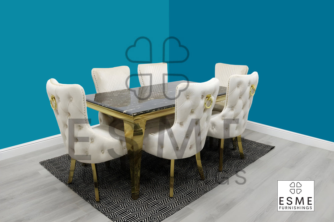 Louis Marble & Gold Dining Table With Victoria Gold Ring Knocker Velvet Chairs