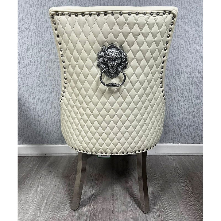Majestic PU Lion Knocker Quilted PU Cream White Leather Dining Chair Chrome Legs