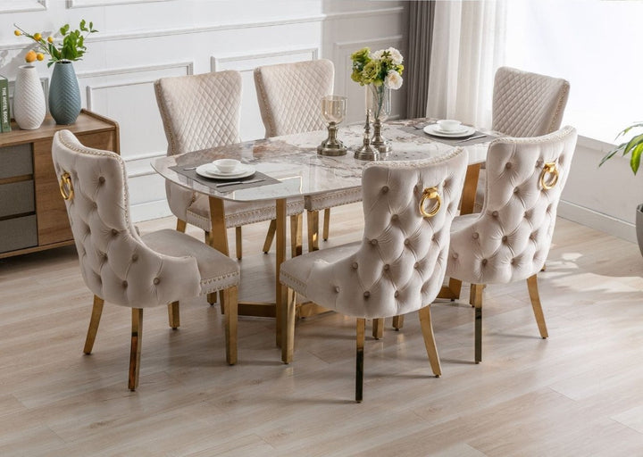 Lucien 150cm Gold Oval Dining Table with Pandora Gold Ceramic Marble Top + Cream/Gold  Ring Knocker Velvet Chairs