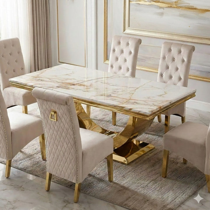 Arial Marble & Gold Dining Table With Lucy Ring Knocker Dining Chairs Gold Legs