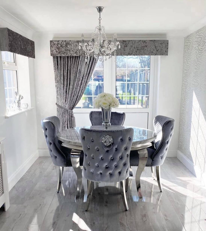 Louis 130cm Grey Marble Round Dining Table + Valente Grey Lion Button Chairs-Esme Furnishings