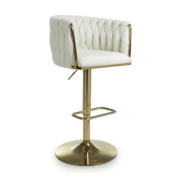 Lorne Luxury Cream & Gold Linen Fabric Bar Stool Adjustable Gold Legs