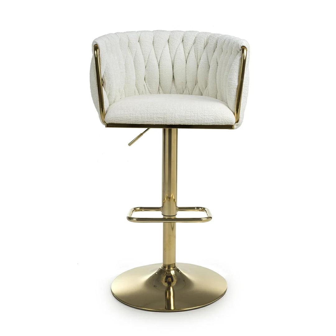 Lorne Luxury Cream & Gold Linen Fabric Bar Stool Adjustable Gold Legs