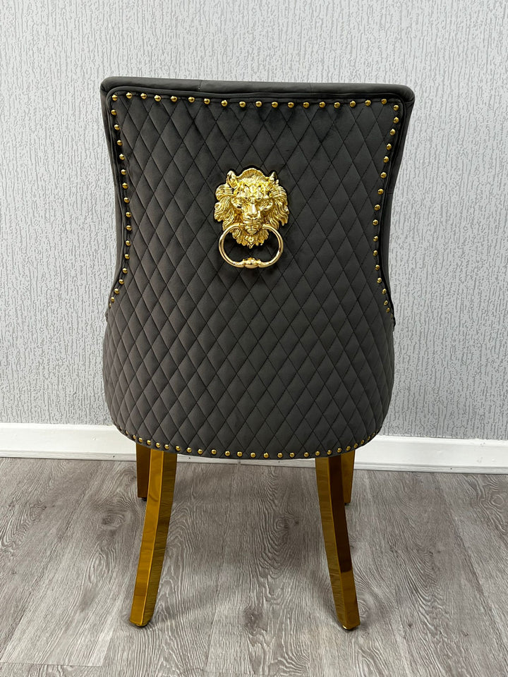 Majestic Dark Grey Gold Lion Knocker Quilted Tufted Plush Velvet Dining Chair Gold Legs
