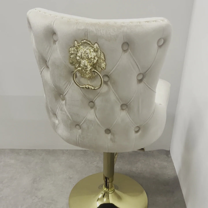 Valentino Cream Gold Lion  Knocker Quilted Back Plush Velvet Gold Bar Stool