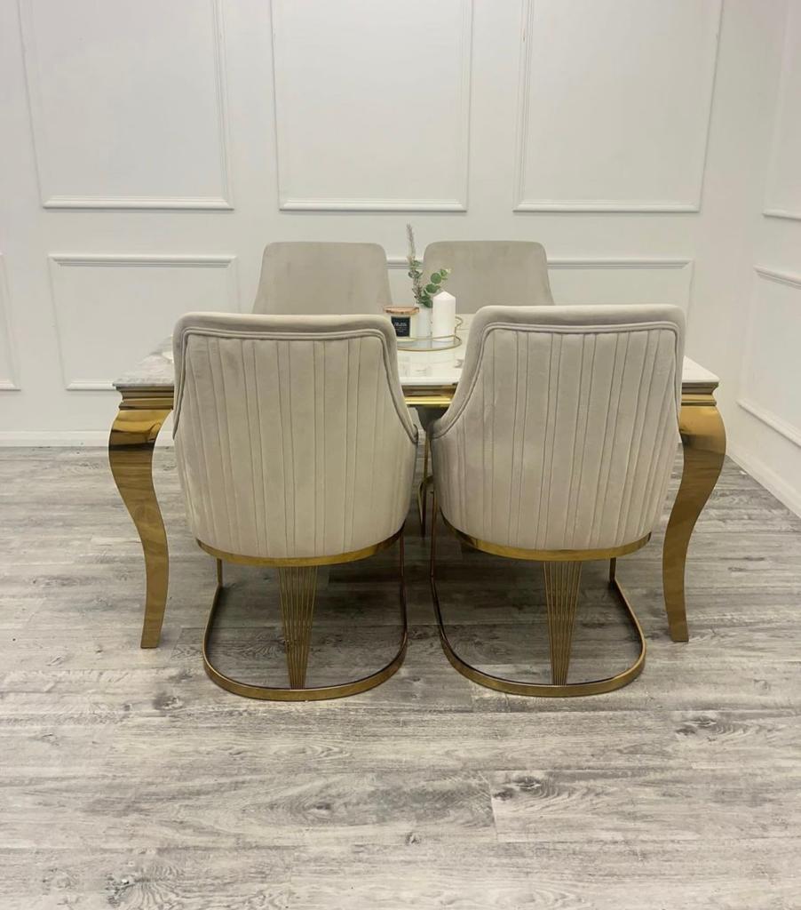 Louis Gold Marble Dining Table With Carlton Cream/Gold Velvet Dining Chairs