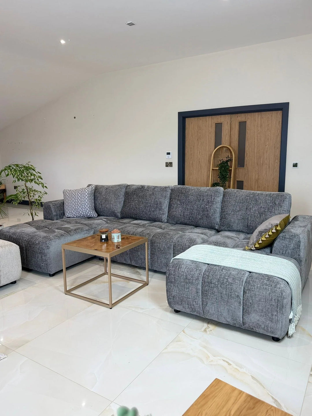 Sena Large Grey Plush Velvet Luxury U Shape Sofabed Sofa