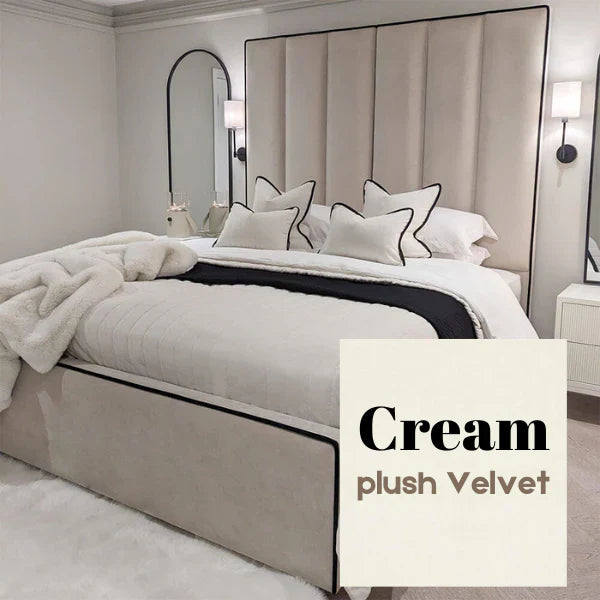 The Wenger Panel Upholstered Plush Velvet Black Piping Bed Frame