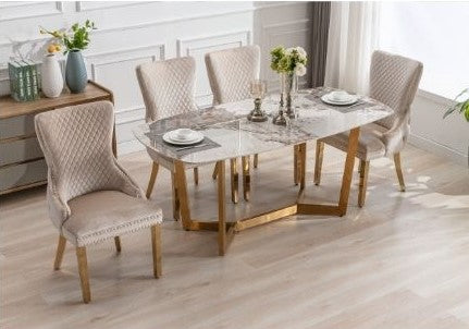 Lucien 150cm Gold Oval Dining Table with Pandora Gold Ceramic Marble Top + Cream/Gold  Ring Knocker Velvet Chairs