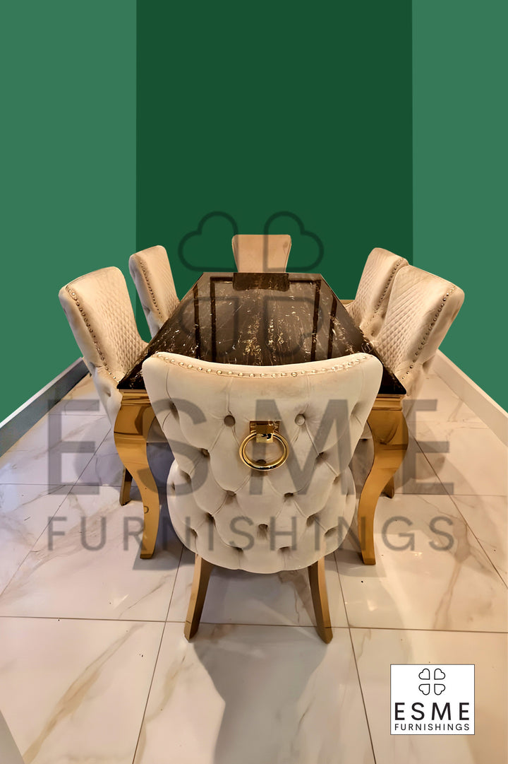 Louis Marble & Gold Dining Table With Victoria Gold Ring Knocker Velvet Chairs