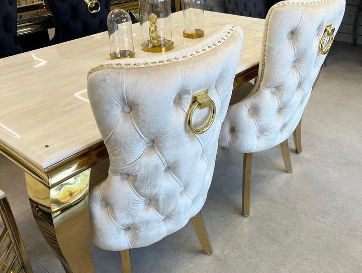 Louis Gold Cream Marble Dining Table With Shimmer Gold Ring Knocker Dining Chairs