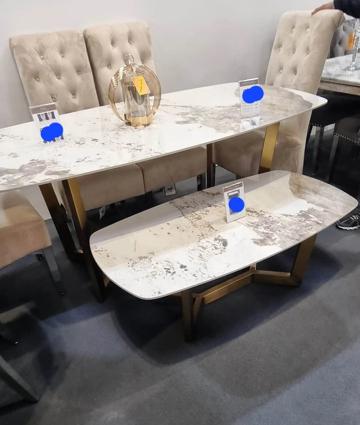 Lucien 180cm Gold Oval Dining Table with Pandora Gold Ceramic Marble Top + Cream/Gold  Ring Knocker Velvet Chairs
