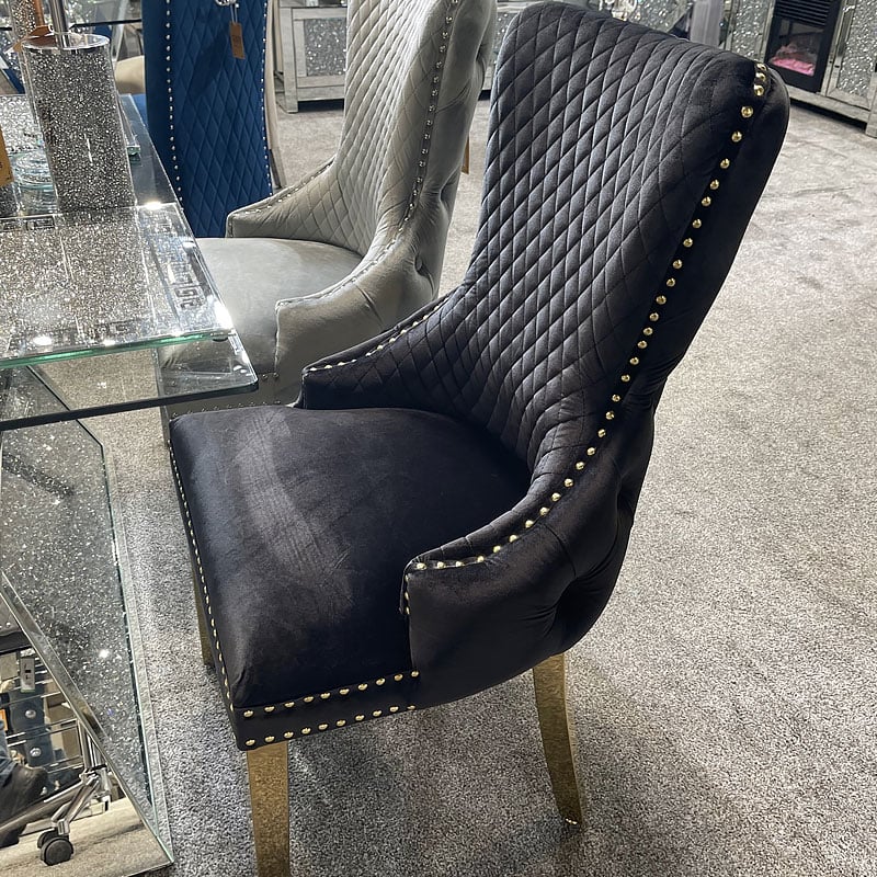 Louis Pandora Gold Marble Dining Table With Victoria Shimmer Velvet Lion Knocker Velvet Chairs