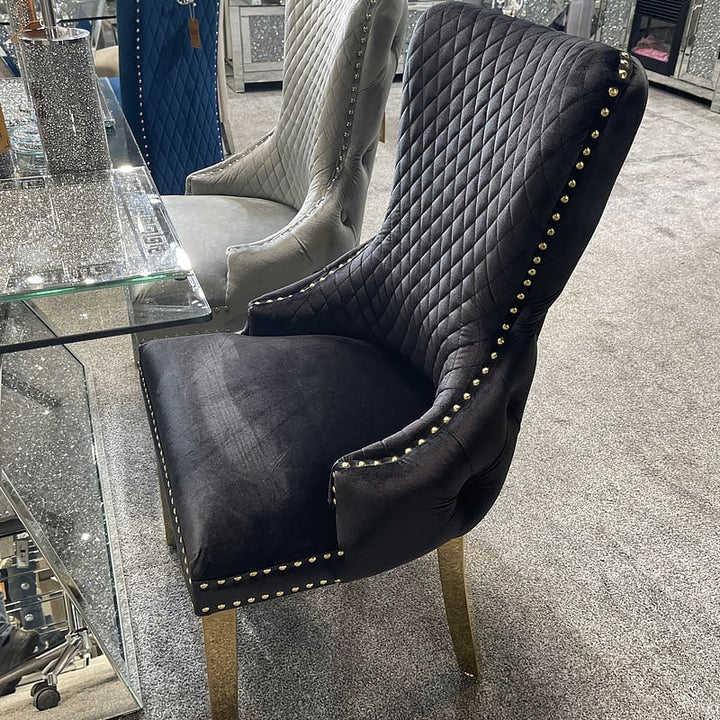 Louis Pandora Gold Marble Dining Table With Victoria Shimmer Velvet Lion Knocker Velvet Chairs