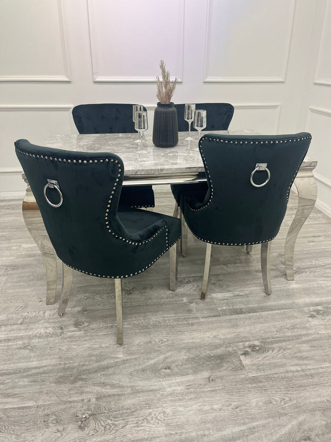 Louis 160cm Marble & Chrome Dining Table With Megan Chrome Ring Knocker Velvet Chairs