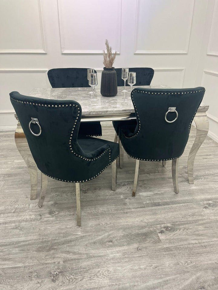 Louis 160cm Marble & Chrome Dining Table With Megan Chrome Ring Knocker Velvet Chairs