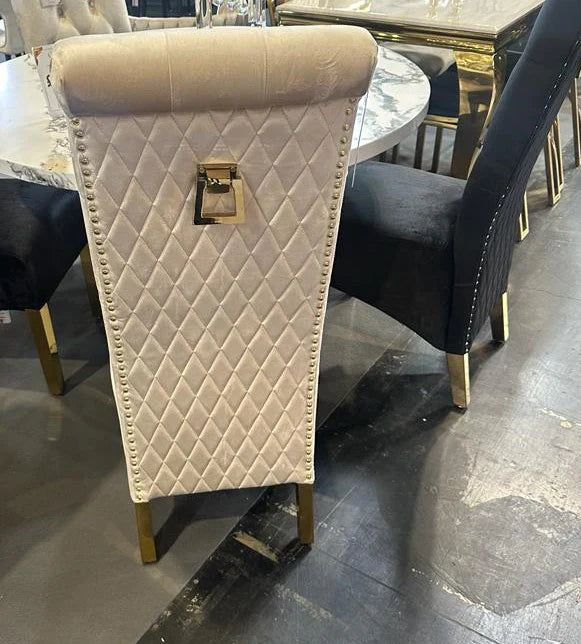 Louis Marble & Gold Dining Table With Lucy Slim Quilted Gold Ring Square Knocker Velvet Chairs