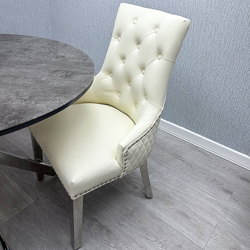 Majestic PU Lion Knocker Quilted PU Cream White Leather Dining Chair Chrome Legs