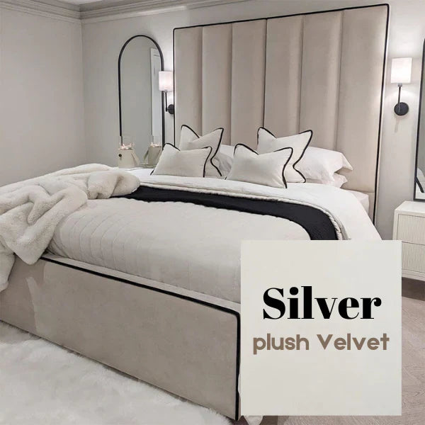 The Wenger Panel Upholstered Plush Velvet Black Piping Bed Frame