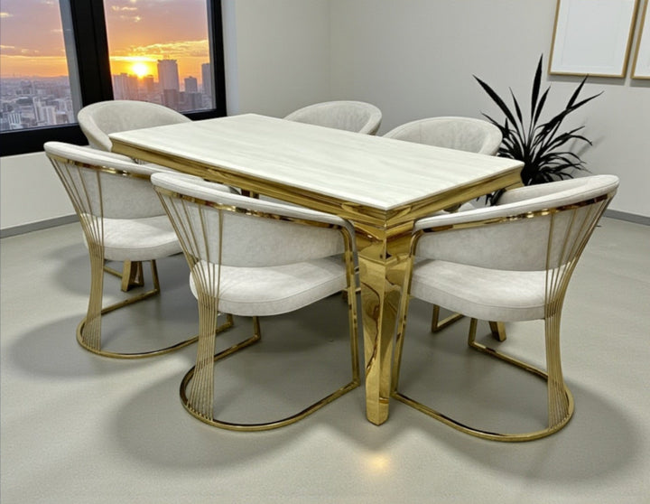 Louis Marble & Gold Dining Table With Savoy Gold Leathaire Fabric Chairs Gold Legs