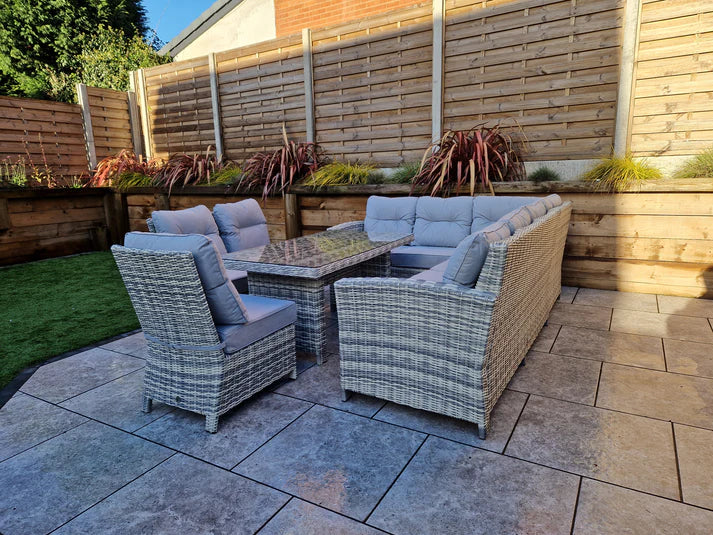 Amano Rattan Garden Corner Dining Sofa with 3 Chairs Grey