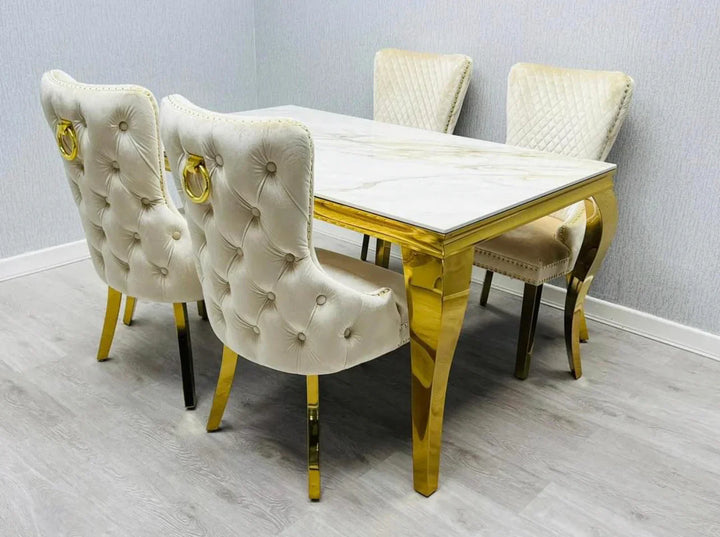 Louis Marble & Gold Dining Table With Victoria Gold Ring Knocker Velvet Chairs