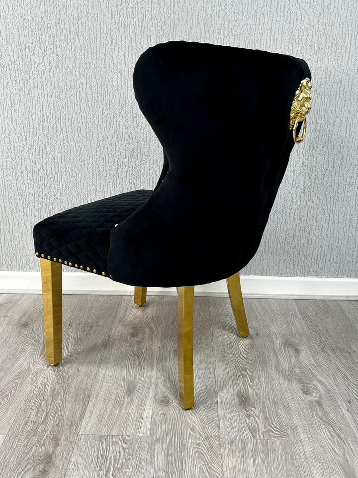 Valentino Gold Lion Knocker Plush Velvet Button Back Dining Chair Gold Legs - 2 Colours