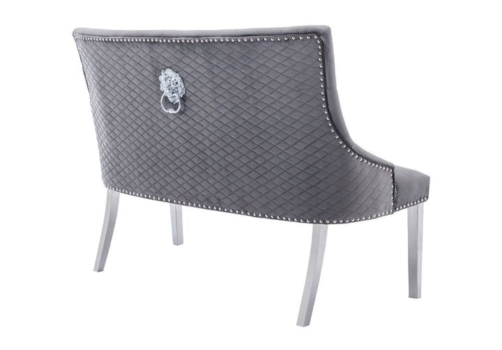 Majestic Lion Knocker Quilted High Back Grey Plush Velvet 130cm Dining Bench