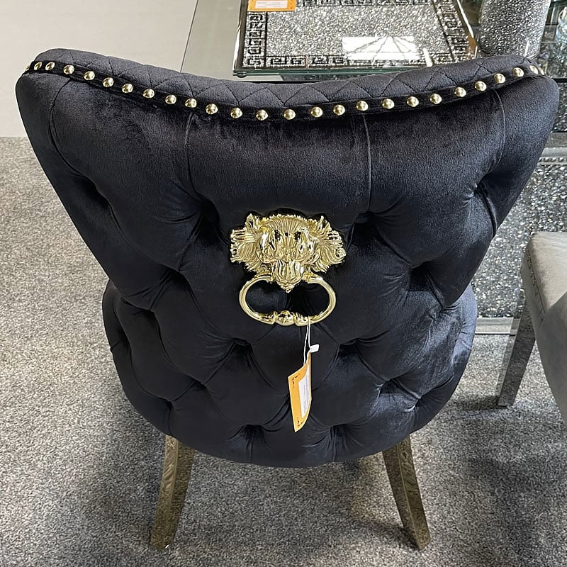 Louis Pandora Gold Marble Dining Table With Victoria Shimmer Velvet Lion Knocker Velvet Chairs