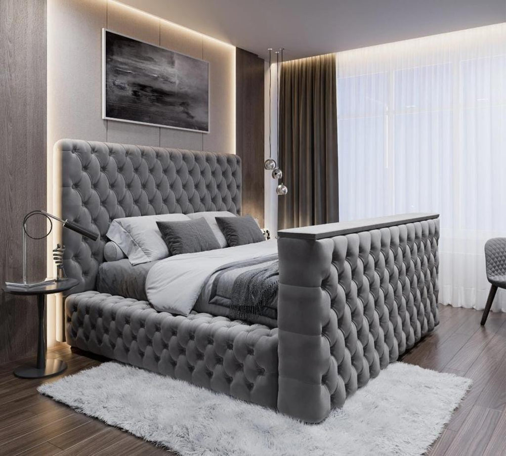 The Logan Upholstered Chesterfield Plush Velvet TV Bed Frame-Esme Furnishings