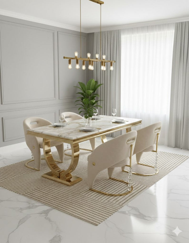 Arianna Marble & Gold Dining Table With Vermont Cream Gold Velvet Dining Chairs Crystals