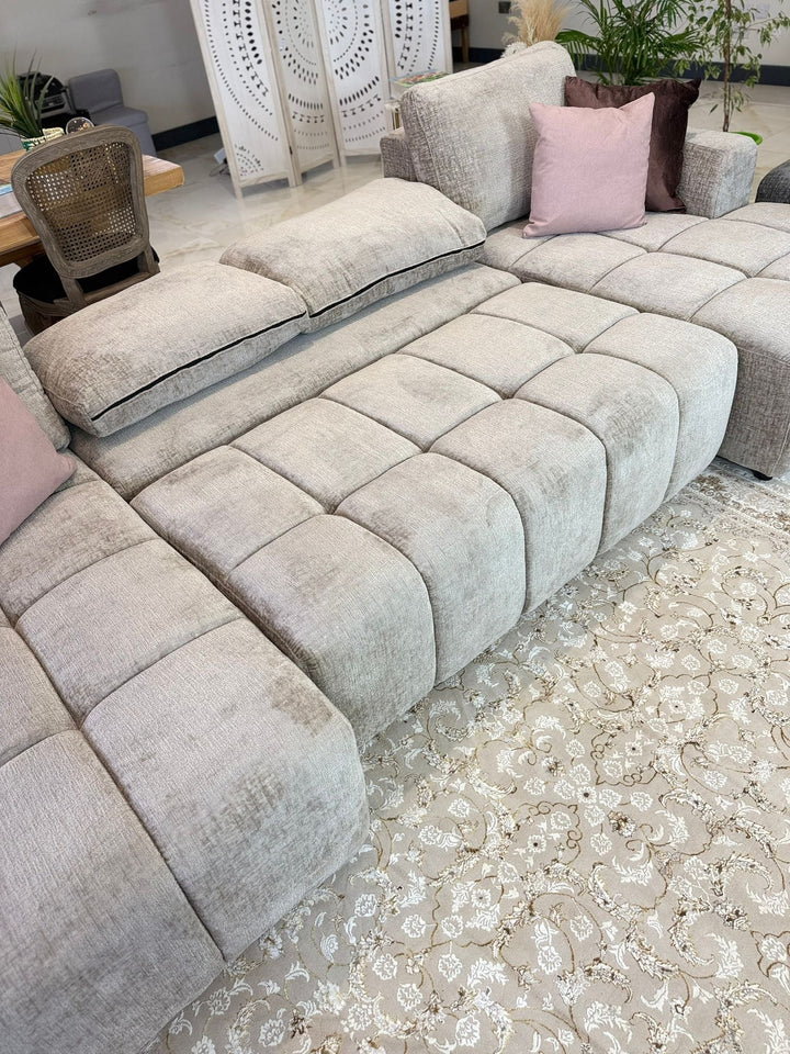 Sena Large Beige Plush Velvet Luxury U Shape Sofabed Sofa
