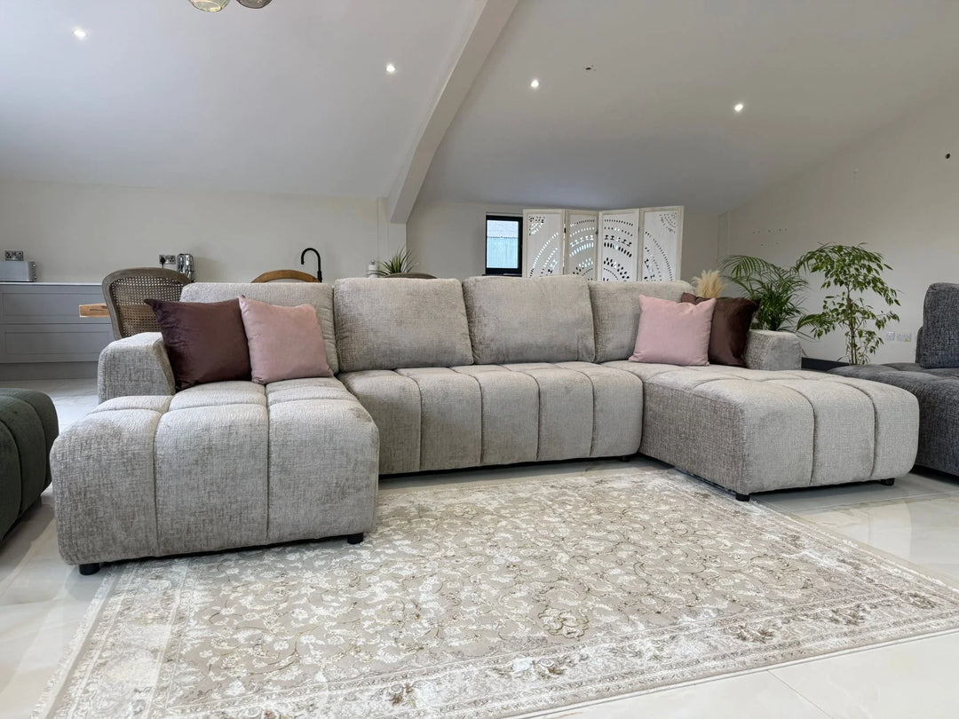 Sena Large Beige Plush Velvet Luxury U Shape Sofabed Sofa